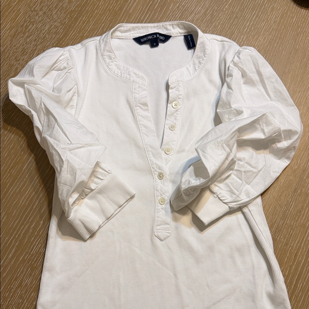 Veronica Beard Ivory Button-Up Top with Puff Sleeves